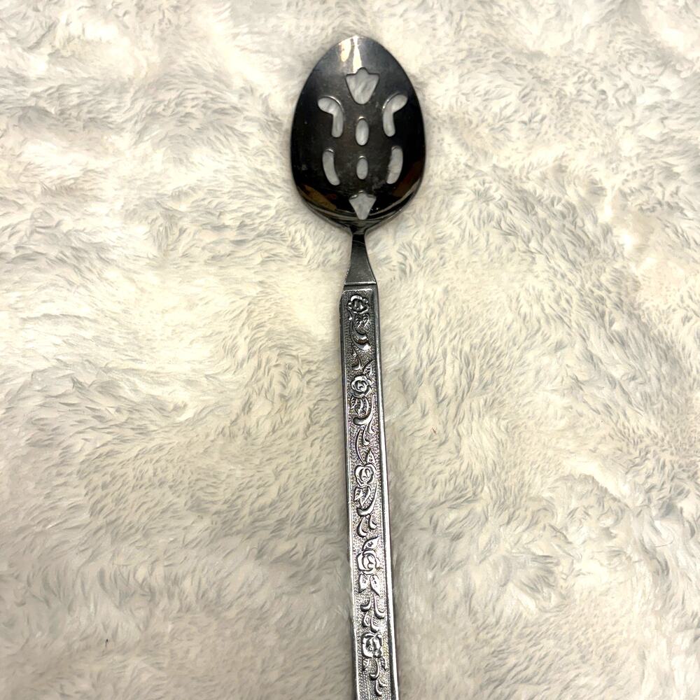 Vintage Korea Stainless Steel Slotted Serving Spoon Floral Pattern